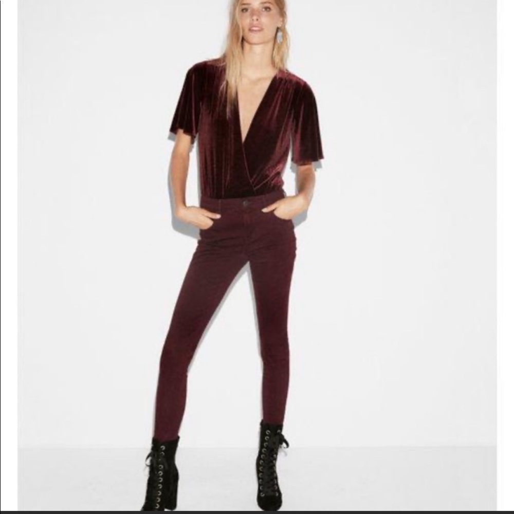 Express Velvet Short Sleeve Surplice Bodysuit